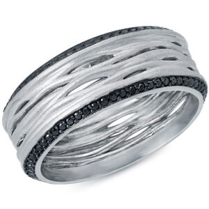14k White Gold multi shape white diamond and Round Cut Black Diamonds Anniversary Band