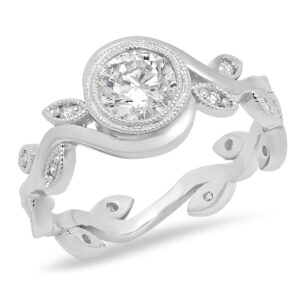 18k White Gold Round Cut Diamond Center Stone Bezel Setting with Round Cut Diamonds Ring