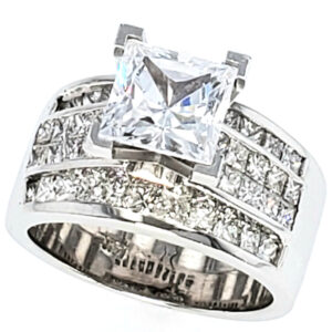 14K White gold with princess cut center and two-tears 4 rows princess cut diamonds