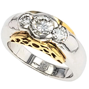 18K 2Tone Three stone bazel set Round Brilliant cut engagement ring