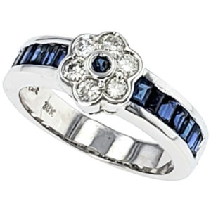 18K white gold flower shape 1/2 bezel set round diamond and baguette sapphire band