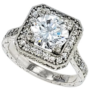 14K white gold cushion style halo ring with a round brilliant cut center and two row from the top and the side of the halo +diamonds on the band