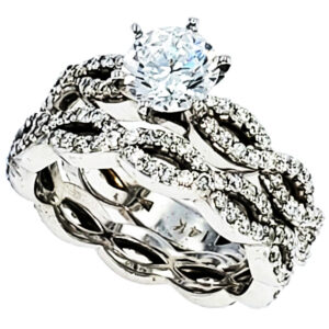 14K white gold small twist U style set round diamond + 6 prongs round brilliant center stone