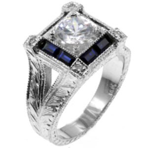 18k White Gold Princess Center Diamond Stone with Blue Sapphire Sorrounding