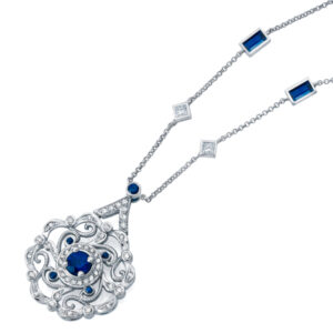 14k White Gold Round Shape Blue Sapphire beautiful looking Customized Vintage Design Pendant with round brilliant Cut Diamonds .