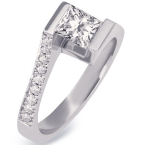 14k White Gold Princess Cut Center Stone with Round Cut Diamonds on the Shank Enagagement Ring