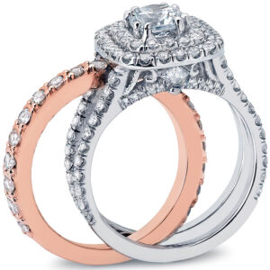 14k Two Tone Round Cut Center Diamond Stone Double Halo with a Rose Gold Band in the middle