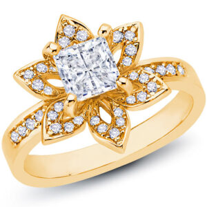 18k White Gold Princess Cut Diamond Center Stone Round Cut Diamonds Halo Flower Shaped Ring