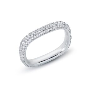 14k hand crafted band in cushion shaped form designed in a 3-row Pavè setting round diamonds.
