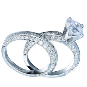 14K Three-Sided Side Stones Pave Setting Wedding Set