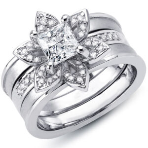 18k White Gold Princess Cut Diamond Stone with Round Cut Diamond Halo Diamond Band