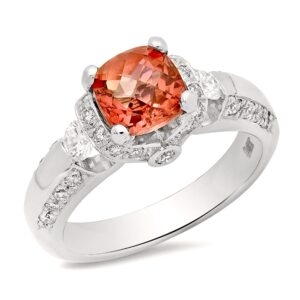 14K Pink Tourmaline 4-prongs Setting Cushion cut Center stone with tension + prong set round brilliant diamonds engagement ring