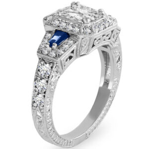 18k White Gold Princess Cut Diamond Halo with Two Side Blue Sapphires Diamond Ring