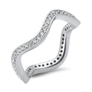 14K white gold Round Pavè set diamonds Stackable Wavy Eternity band