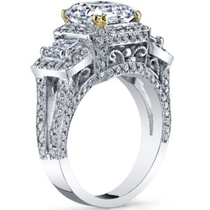 18k Emerald Cut Center Stone Diamond Halo with Two Side Trapezoid Cut Stones Split Shank Diamond Ring