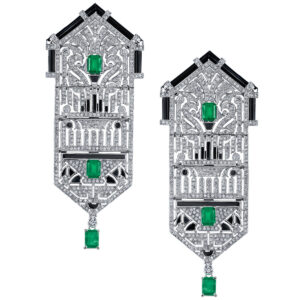 18k White Gold Emerald Shape Color Stones Diamond Screwback Earrings