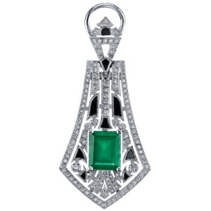18k White Gold Emerald Shape Color Stone Center Stone Diamond Pendant