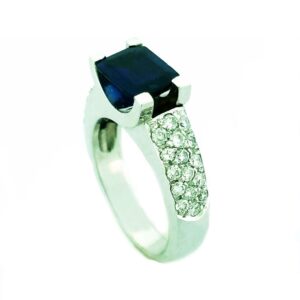 14K white gold diamond + Emrald cut Sapphire Center 4-Prongs set and three-row pave band is described as simply classic yet elegant