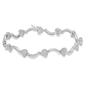 18k White Gold Round Cut Diamonds Bracelet Heart Bar Design.