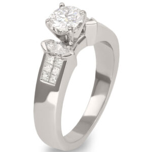 platinum Round Cut Diamond Center Stone with Two Side Marquise Diamond Stone and Princess Cut Invisible Setting Engagement Ring-Size 8