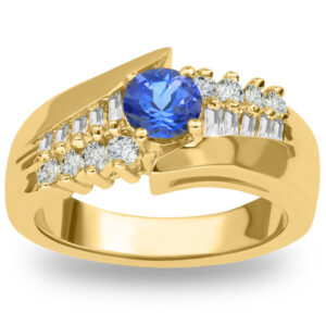 14k Yellow Gold Tanzanite Center Stone with Round Cut and Diamond Baguettes Ring