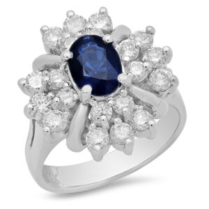 14k White Gold round Blue Sapphire Center Stone Halo Diamond Ring .