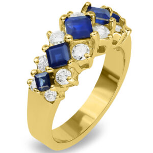 14 k Yellow Gold Princess Cut Blue Sapphires with Round Cut Diamonds