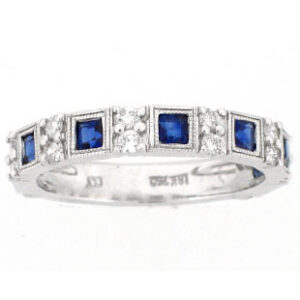 14k White Gold Princess Shape Blue Sapphires Round Cut Diamonds Anniversary Band