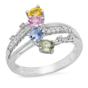 14k White Gold Multi Oval Shape Colored Sapphire gemstones & Diamond Ring