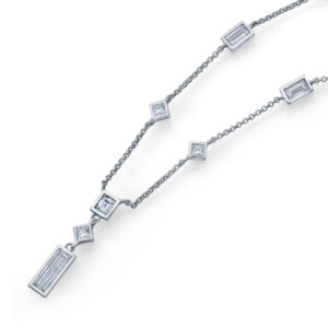 14K White Gold Princess Cut and Diamond Baguettes Bezel Setting Pendant Necklace