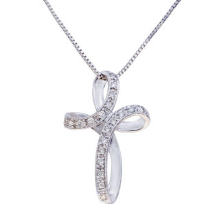 18k White Gold Round Cut Diamonds Cross Pendant Necklace