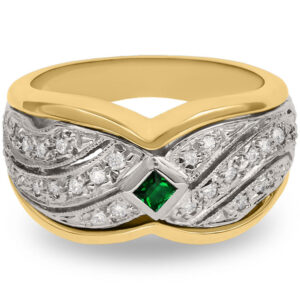 14k Two Tone Emerald Shape Color Stone Center Stone Diamond Anniversary Band