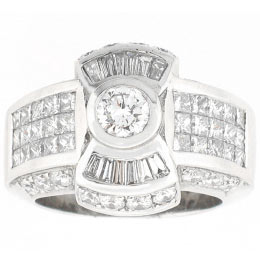 18k White Gold Round Cut Center Stone Diamond Halo Baguette Princess Cut Invisible Setting Ring -Size 8