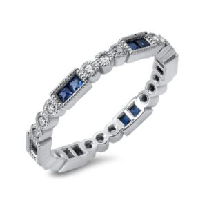 14k Stackable White gold diamond Band with Princess Sapphire