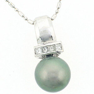 14k White Gold Round Shape South Sea Pearl Princess Cut Channel Set Pendant Necklace