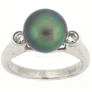 14k White Gold Round Shape Tahitian Pearl with Two Round Cut Side Diamonds Bezel Set Ring