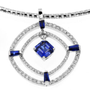 18k White Gold Cushion Shape Blue Sapphire with Round Cut Diamonds and Blue Sapphire Baguettes Pendant Necklace