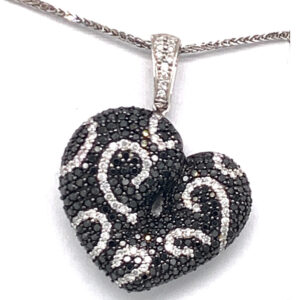 14K white Gold black & white round brilliant diamond heart pendant