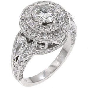 18k White Gold Round Cut Center Diamond Stone Double Halo Diamond with Pear Cut Diamonds on the side Engagement Ring-Size 8