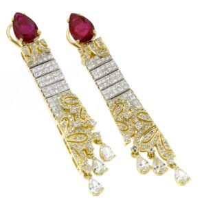 18k Two Tone Pear Shape lab created Ruby with Princess Cut Invisible Set and Yellow Diamonds
