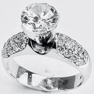14k white gold round center stone with pave set round brilliant diamonds