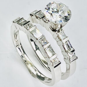 14K white gold princess + baguettes cut diamond wedding set
