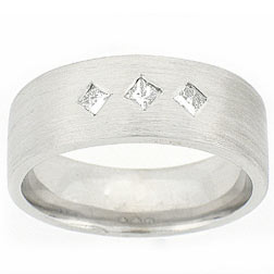 14k White Gold Men's Three Stone Princess Cut Diamond Center Bezel Set Wedding Band