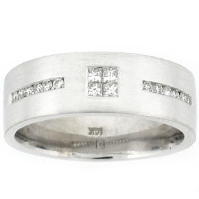 14k White Gold Men's Princess Cut Invisible Setting with Round Cut Channel Set Wedding Band