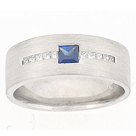 14k White Gold Princess Cut Blue Sapphire Center stone with Chanel set princess cut diamond Stones band