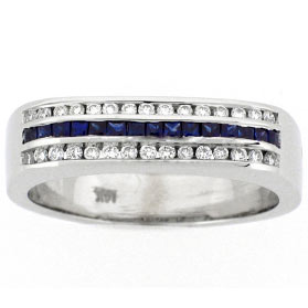 14k White Gold Princess Cut Blue Sapphire and White Diamonds Channel Set band
