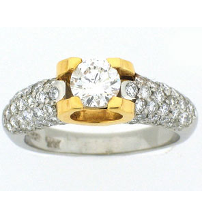 Platinum +18k Two Tone Round Cut Center Stone Cluster Diamond Engagement Ring