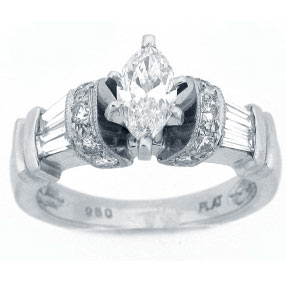 Platinum Marquise Center Stone Round Cut Diamonds and Baguettes Engagement Ring