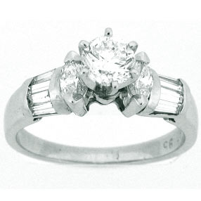 Platinum Round Cut Center Stone Two Side Marquise Side Stones and Diamond Baguettes Engagement Ring