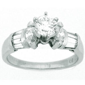 Platinum ring with prong set round brilliant diamonds center stone and Baguettes + Marquise cut diamonds side stones engagement ring